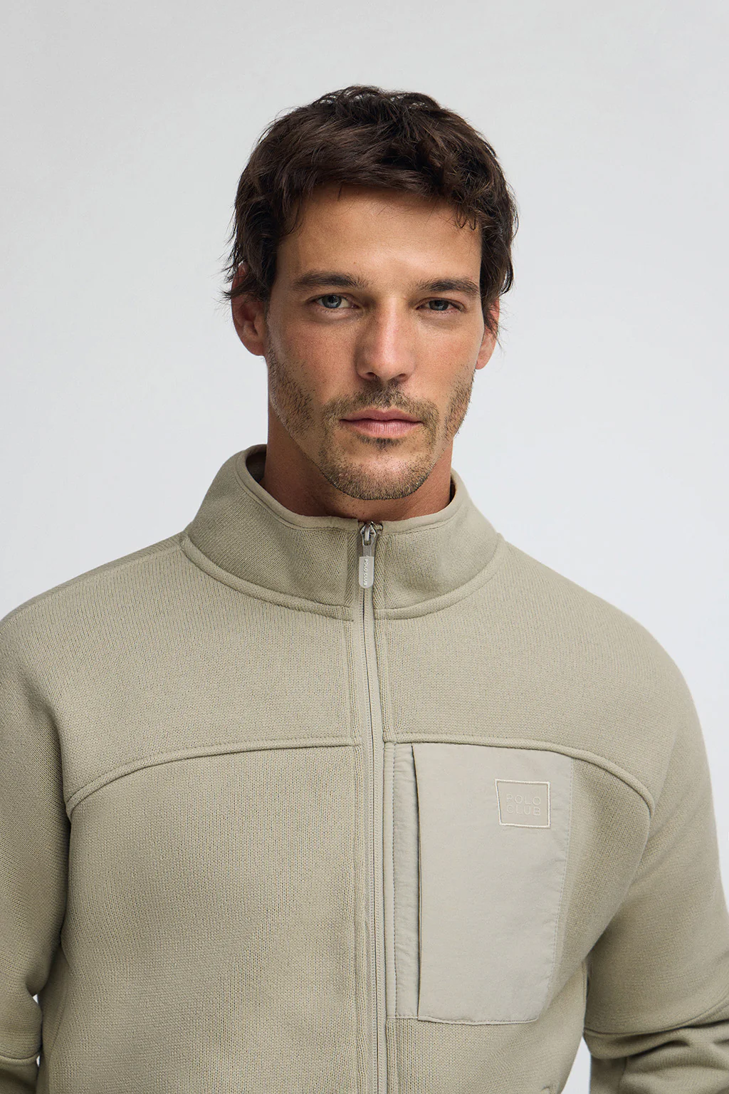 Sudadera polar color piedra con cremallera y logo Polo Club