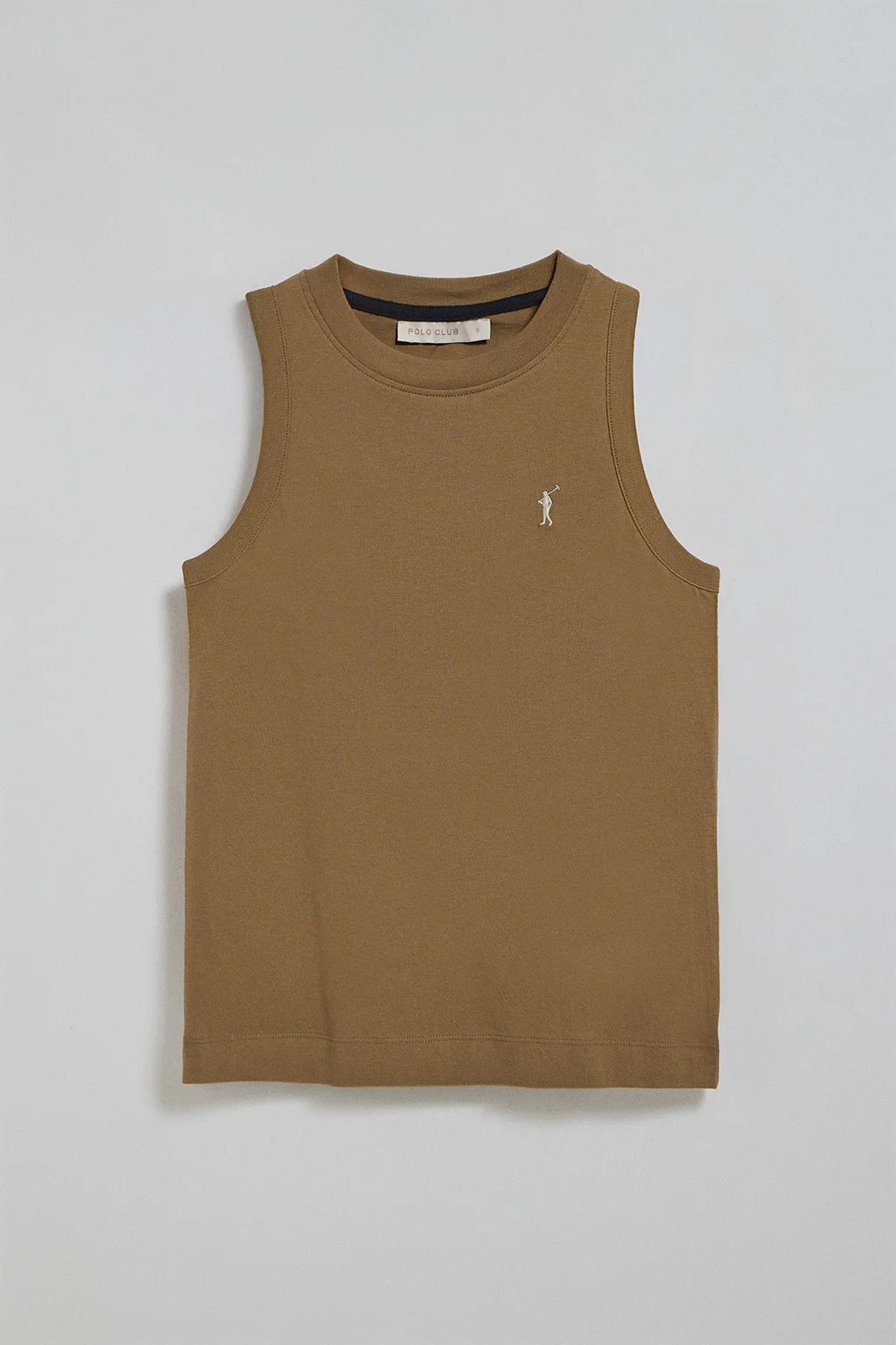 Camiseta básica marrón sin mangas y cuello redondo con logo bordado Rigby Go - Image 5