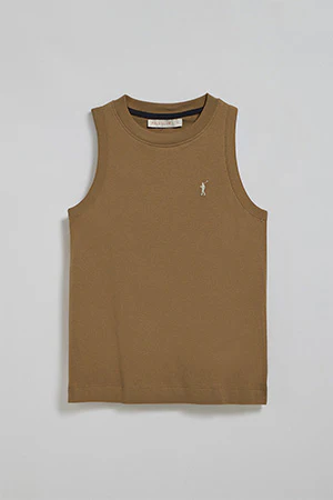Camiseta básica marrón sin mangas y cuello redondo con logo bordado Rigby Go - Image 9