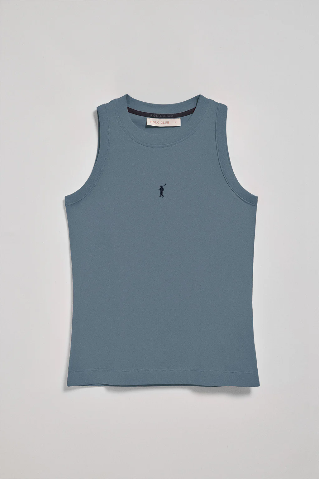 Camiseta básica azul denim sin mangas y cuello redondo con logo bordado Rigby Go - Image 8