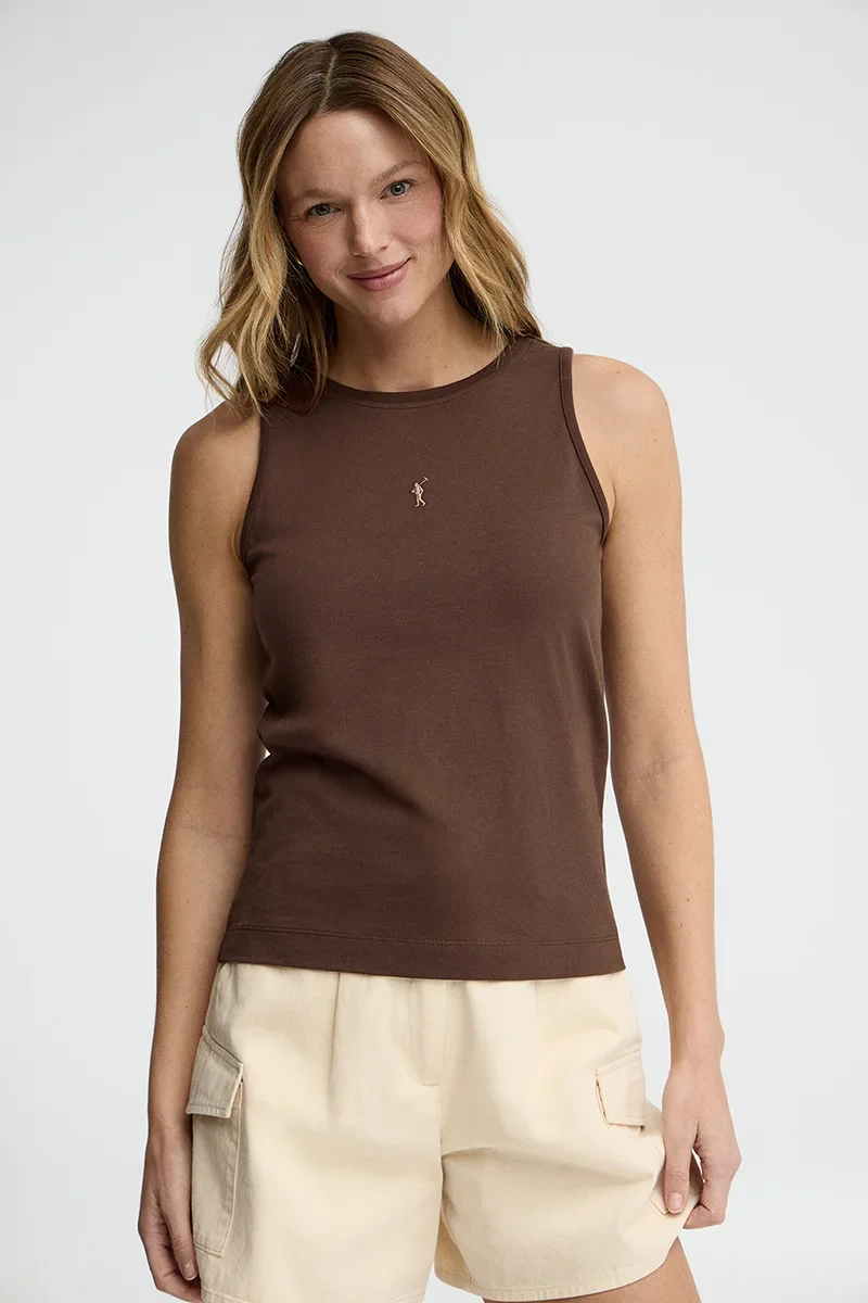 Camiseta sin mangas color chocolate de corte slim con bordado Rigby Go