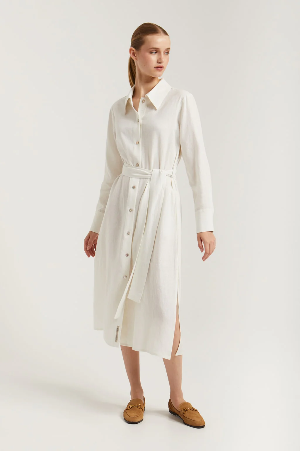 Vestido midi de lino blanco con detalle bordado - Image 3