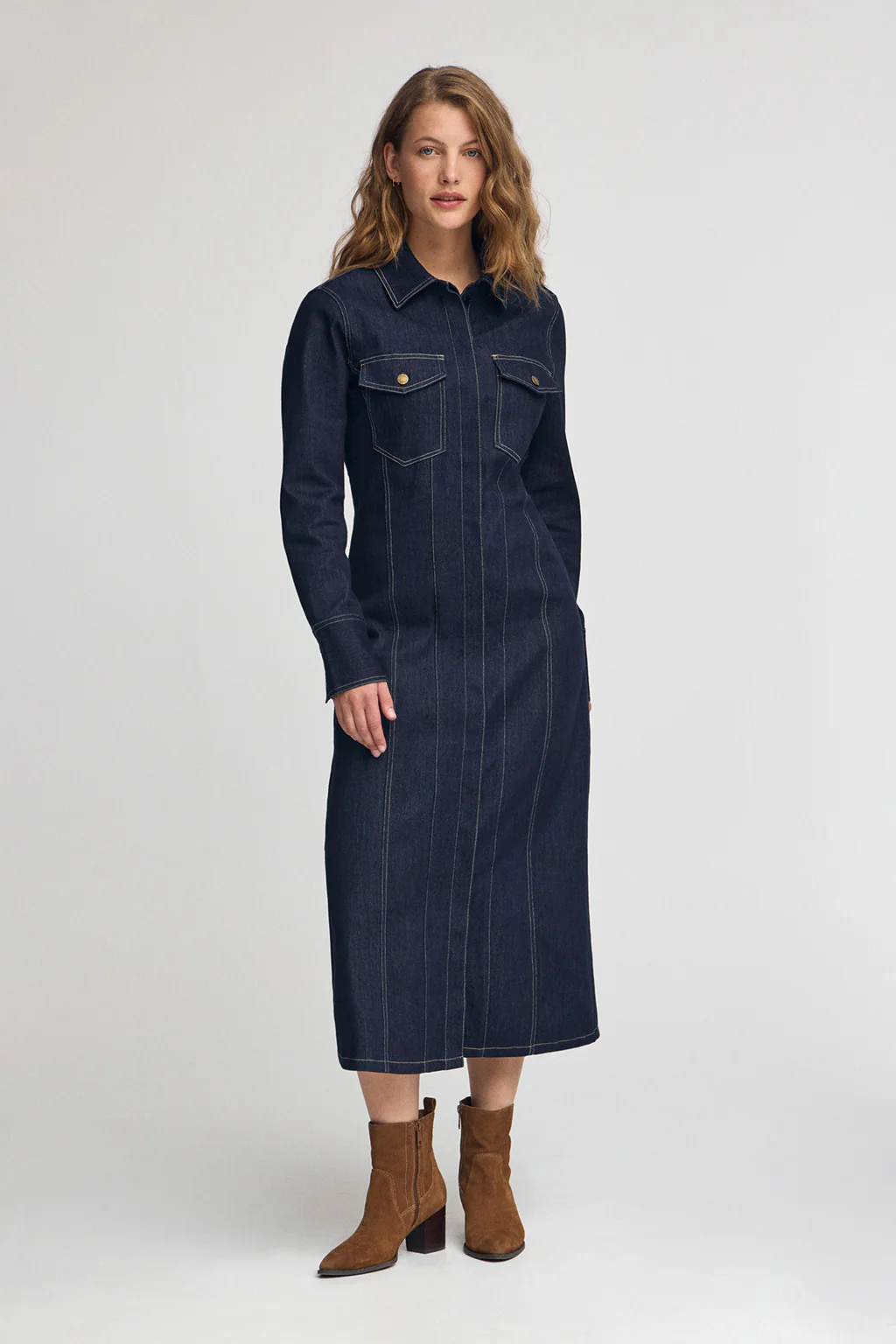 Vestido vaquero azul de corte slim y largo con detalles Polo Club - Image 3