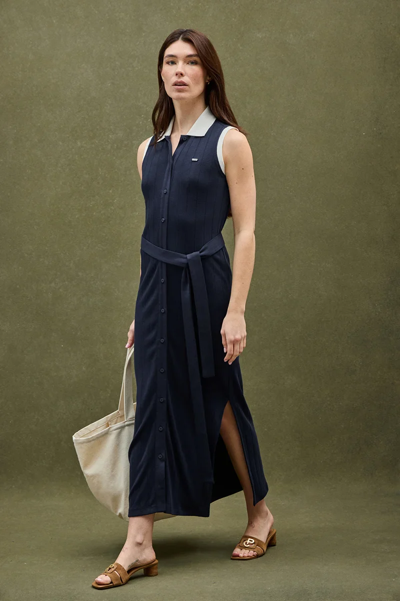 Vestido azul marino de canalé con lazada Polo Club