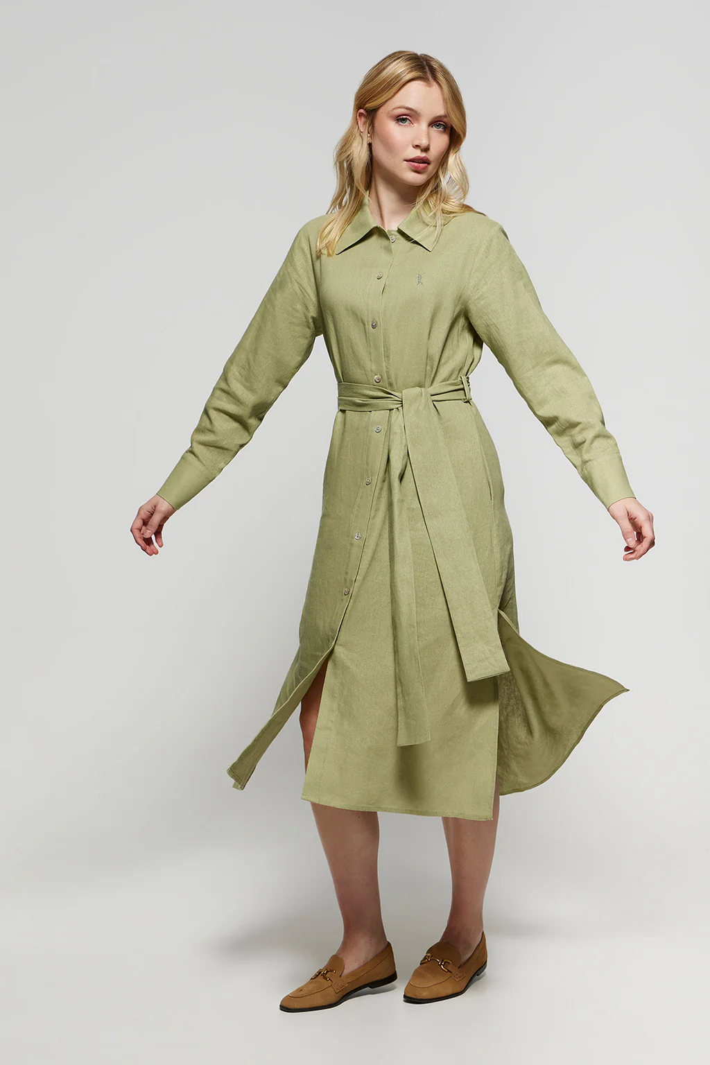Vestido midi de lino verde con detalle bordado Rigby Go - Image 3