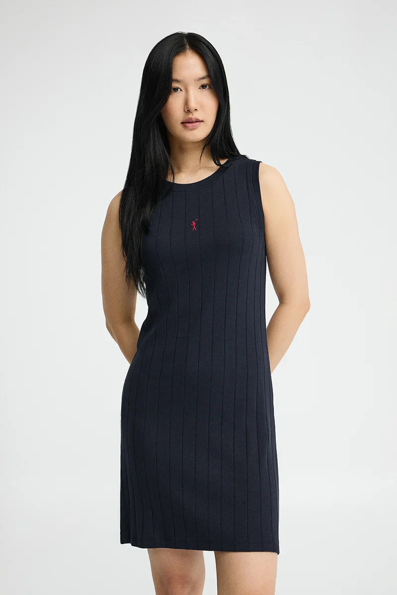 Vestido corto azul marino de canalé con logo Rigby Go