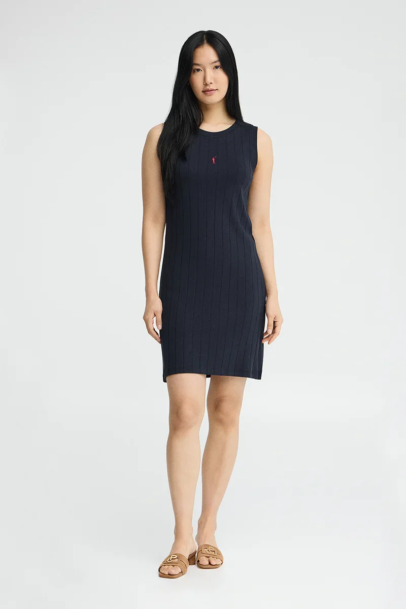 Vestido corto azul marino de canalé con logo Rigby Go - Image 3