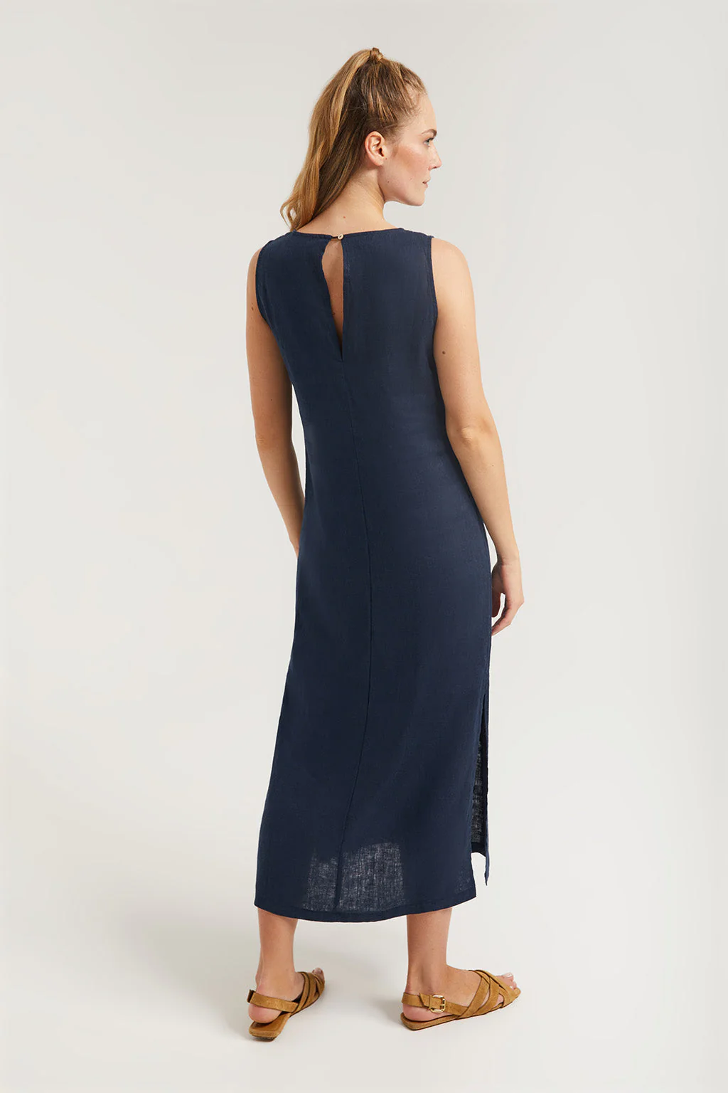 Vestido de lino azul marino sin mangas con logo Rigby Go - Image 2