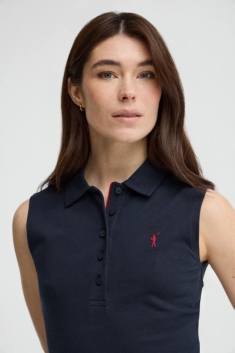 Vestido corto azul marino sin mangas con cuello polo y logo Rigby Go - Image 3