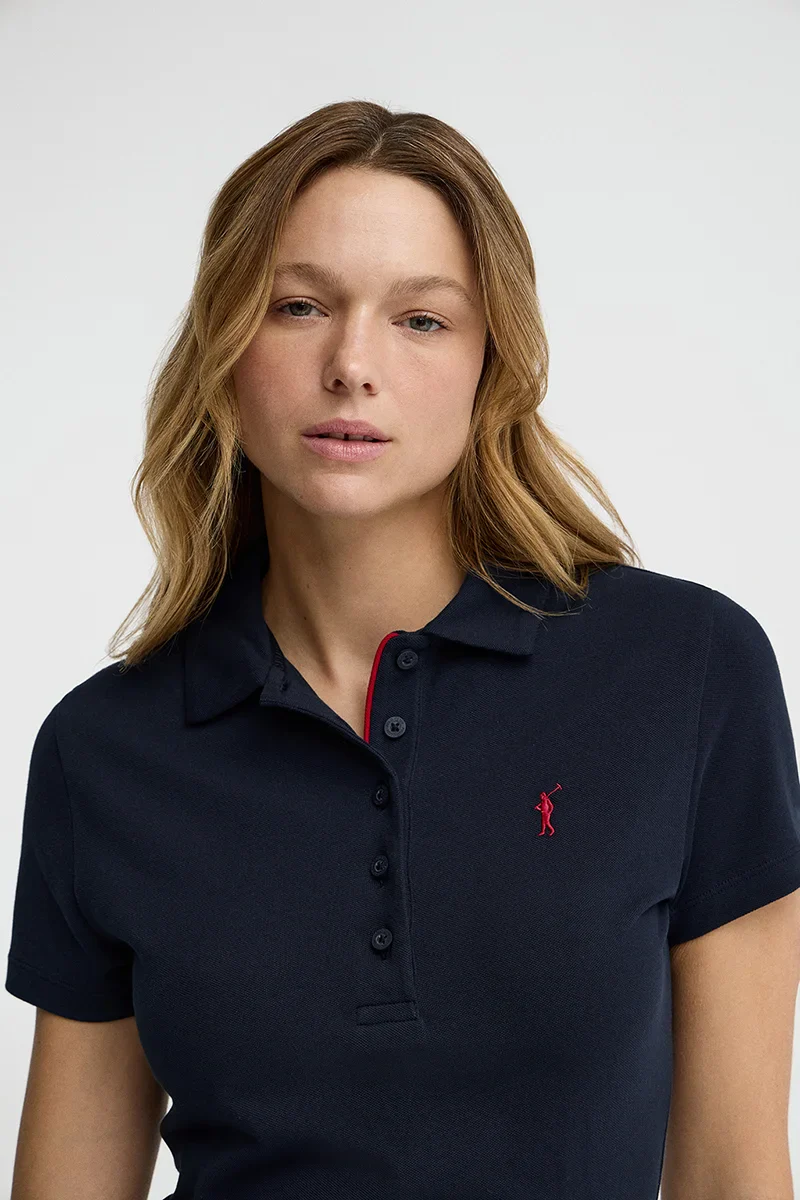 Vestido corto azul marino de manga corta con cuello polo y logo Rigby Go - Image 3