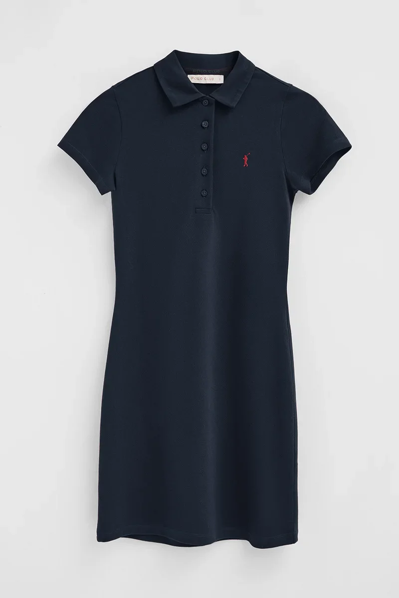 Vestido corto azul marino de manga corta con cuello polo y logo Rigby Go - Image 9
