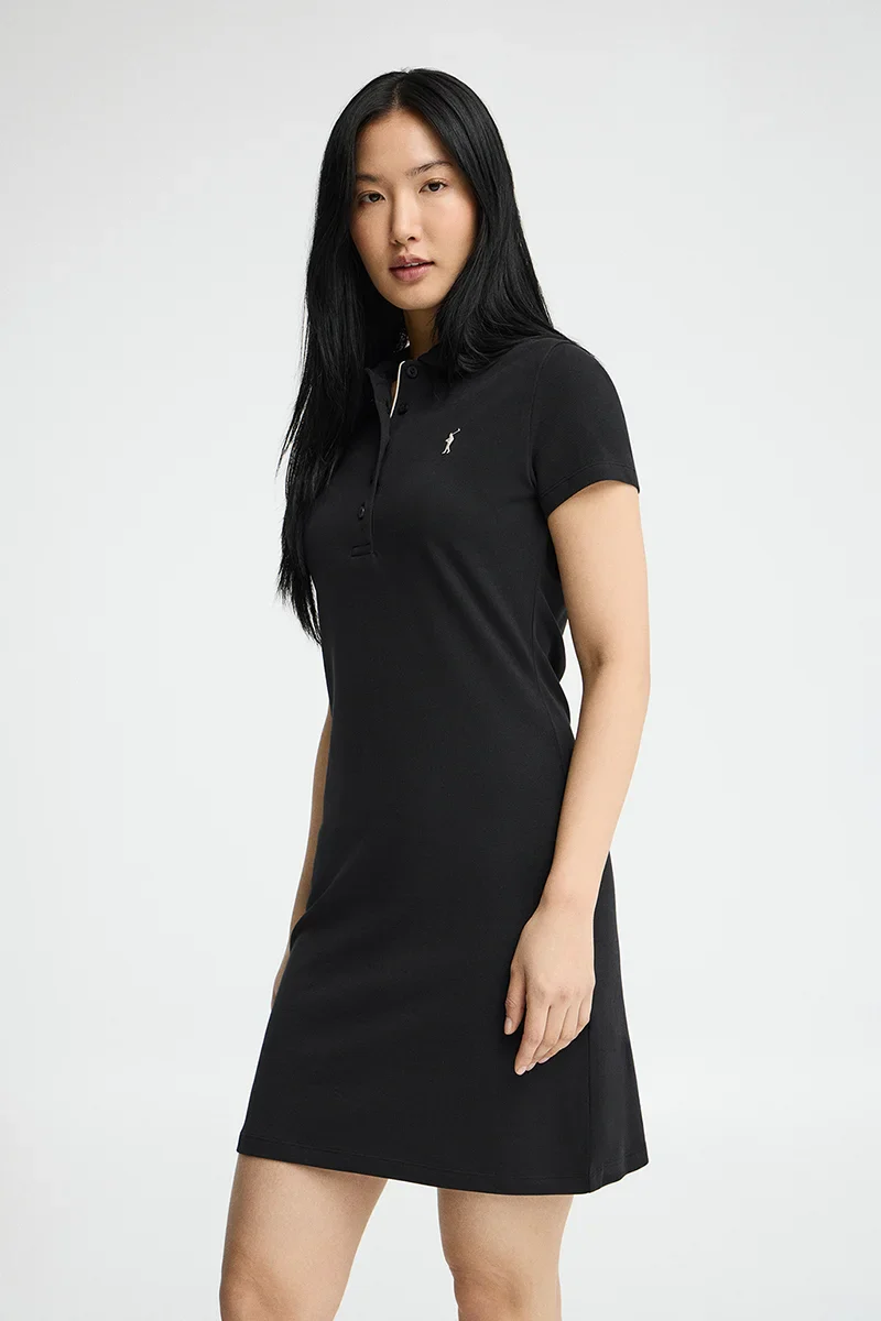 Vestido corto negro de manga corta con cuello polo y logo Rigby Go