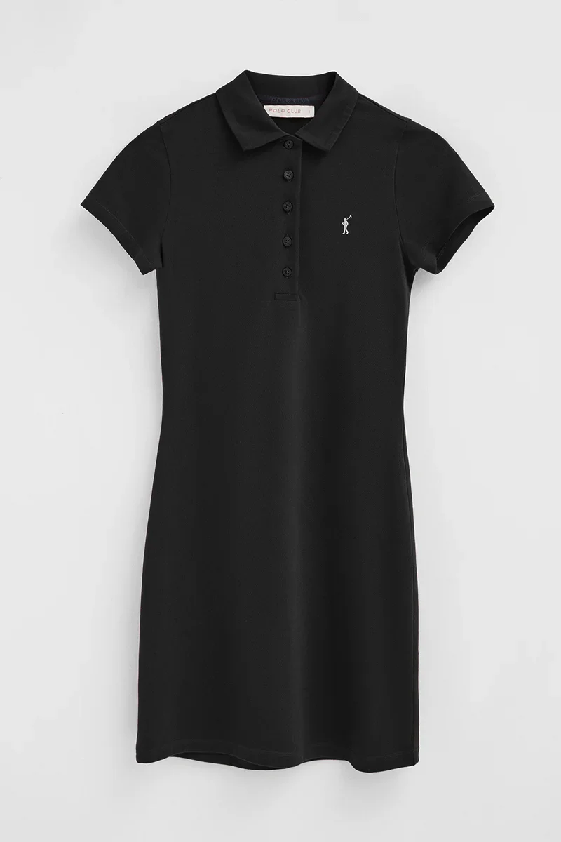 Vestido corto negro de manga corta con cuello polo y logo Rigby Go - Image 5
