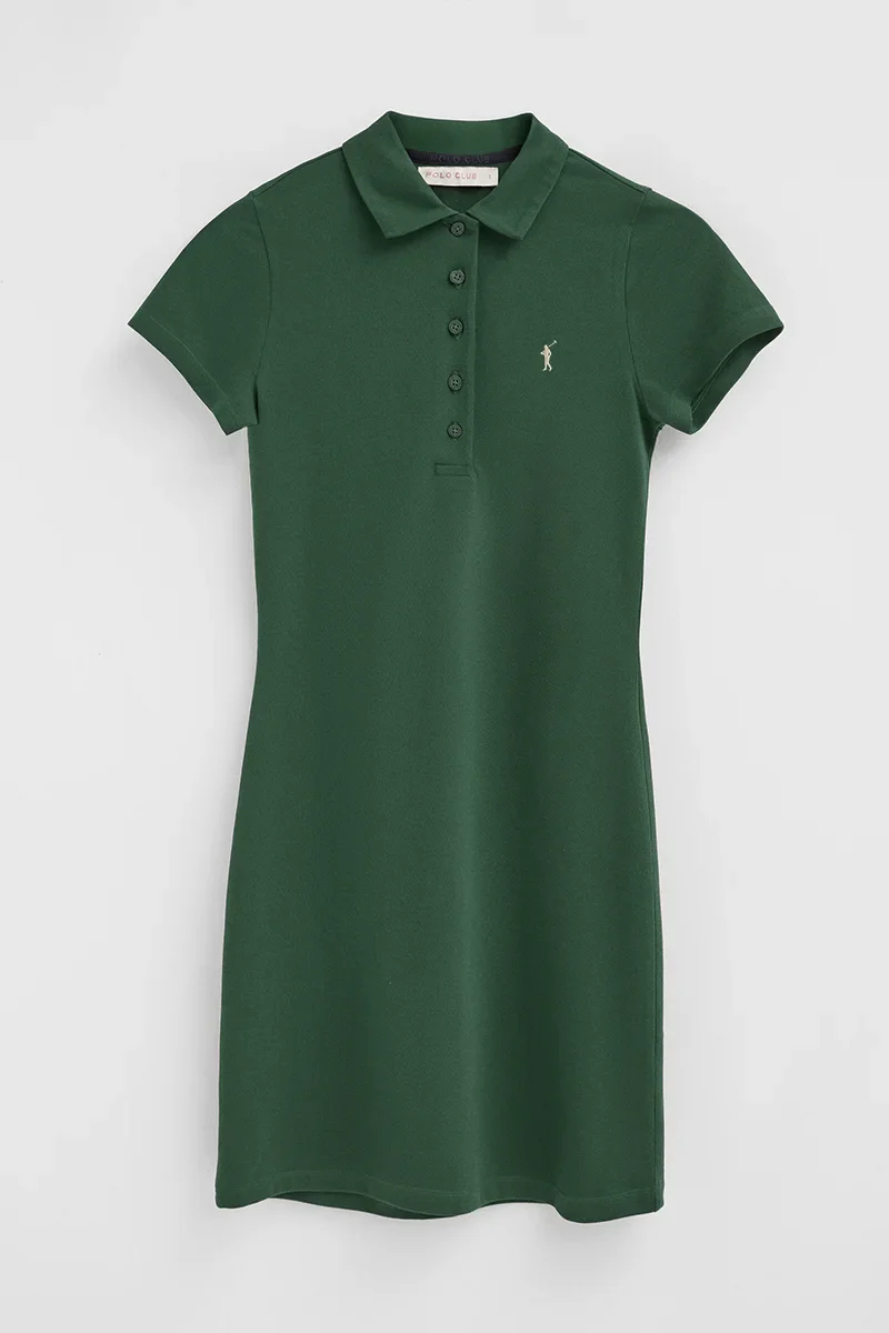 Vestido corto verde botella de manga corta con cuello polo y logo Rigby Go - Image 9